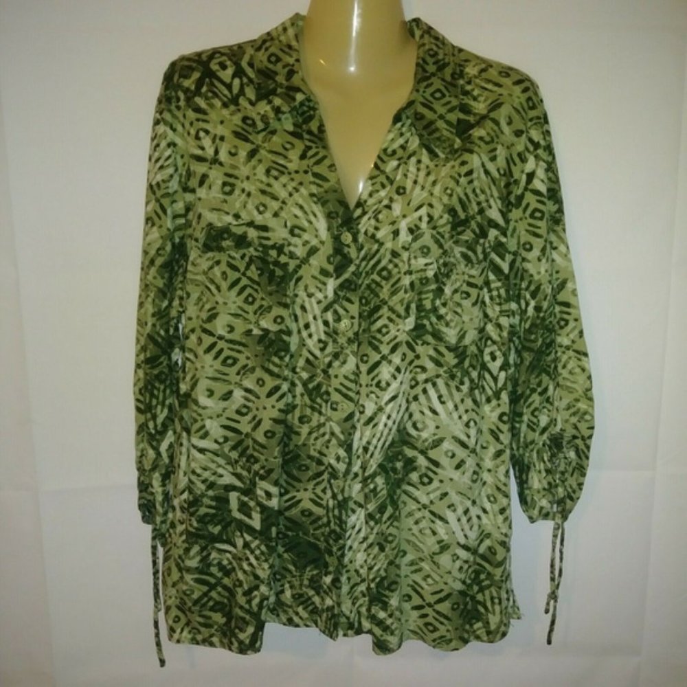 Erika Blouse Green Pocket 3/4 Sleeve Shirt Size XL